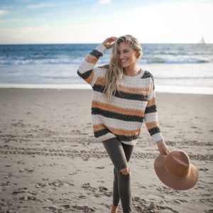 Heart Chenille Knit Sweater: Striped Color Block Cozy